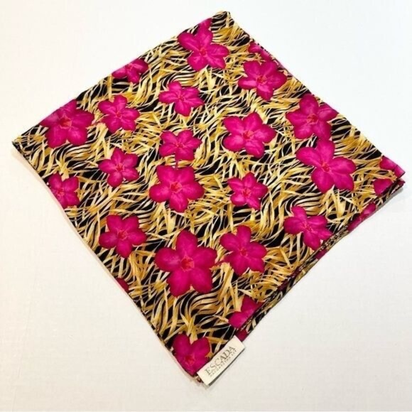 Escada Silk Scarf Fuchsia Pink Floral Hibiscus Hawaiian Print 34x34 Square - Picture 3 of 7